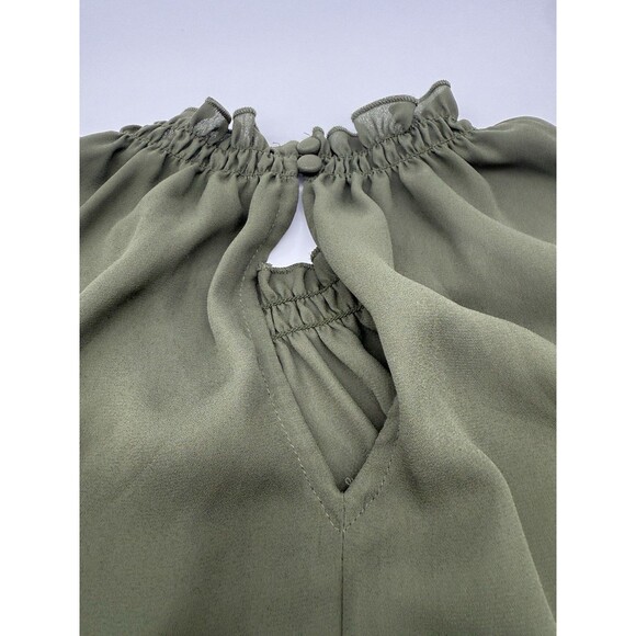 Express Women's Ruffle Mock Neck Blouse Olive Green L, Back Button Detail - Picture 4 of 7